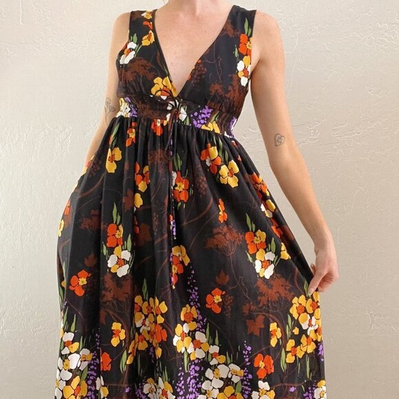 Vintage Floral Maxi Dress - Black, Orange, Purple - Picture 6 of 9